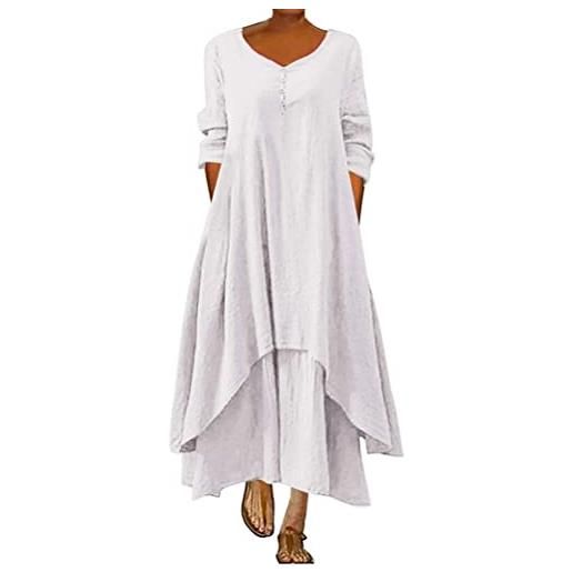 ORANDESIGNE abito lungo donna cotone e lino caftano boho abito ampio casual moda manica lunga scollo a v abiti lunghi vestito estivo taglie forti eleganti vestiti 2 in 1 maxi abito