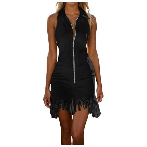 Zanisouta - abito da donna western, stile boho, abito da cowgirl, midi, sexy, in pelle scamosciata, abito da cowboy, slim fit, con zip parziale, revers con frangia, a maniche lunghe, abito da festa