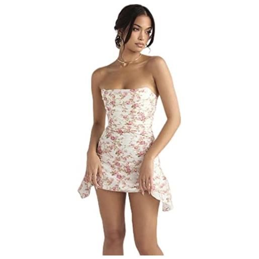 QIANKUN autunno elegante doppio strati raso mini abito senza spalline vacanze abiti partywear vestito di compleanno per donne-multi, s