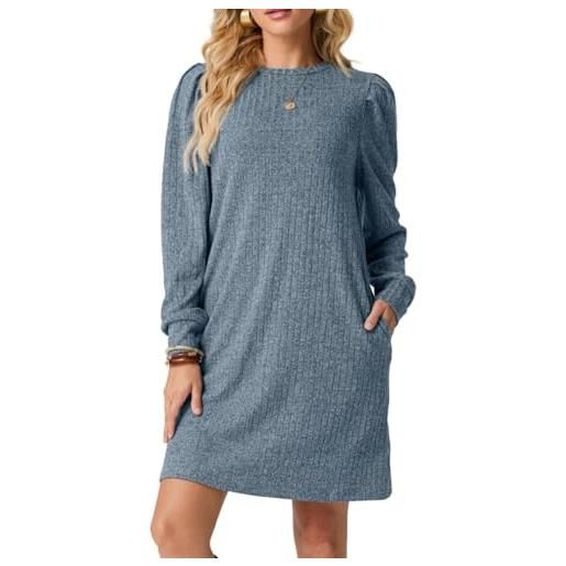 PrinStory vestito pullover donna maniche lunghe abiti casual girocollo abito in maglia con tasche autunno inverno, azzurro, s