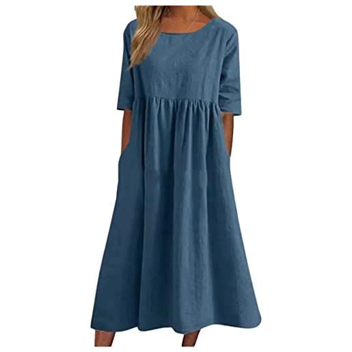 ORANDESIGNE vestiti in lino donna casual colore solido tunica bottone tinta unita eleganti scollo a v manica corta midi abito boho vestito lungo da spiaggia estivi e blu 3xl