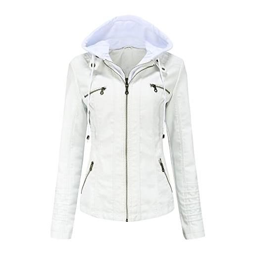 DISSA giacca da donna in pelle sintetica, stile biker, corta, con cappuccio, zip, per primavera e autunno, c6699n, bianco, 48