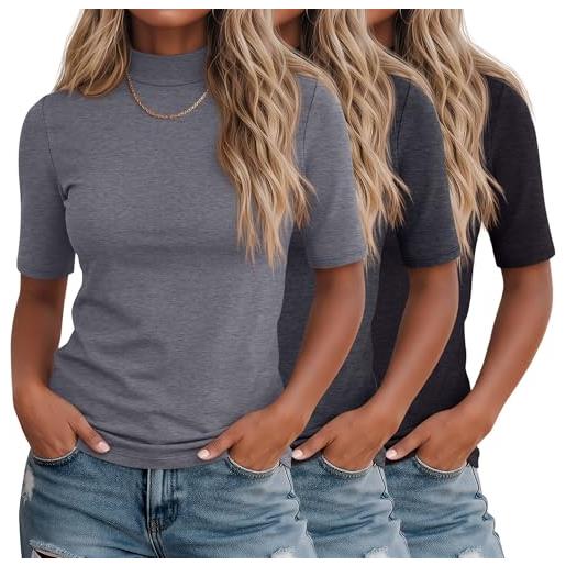 Ficerd - confezione da 3 magliette casual estive basiche da donna con collo alto a maniche lunghe e mezza manica(xl, grigio mélange chiaro, grigio mélange scuro, nero)