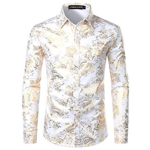 PARKLEES camicia da uomo di lusso con stampa elegante, taglio aderente, abbottonato, motivo cachemire dorato lucido, bianco/oro, xl