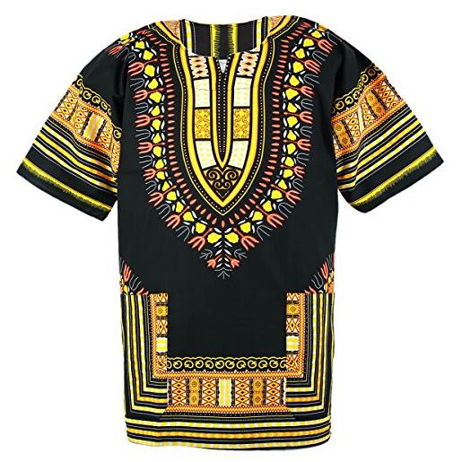 CHAINUPON african dashiki camicia in cotone unisex tribal festival boho hippie caftano, nero giallo, s