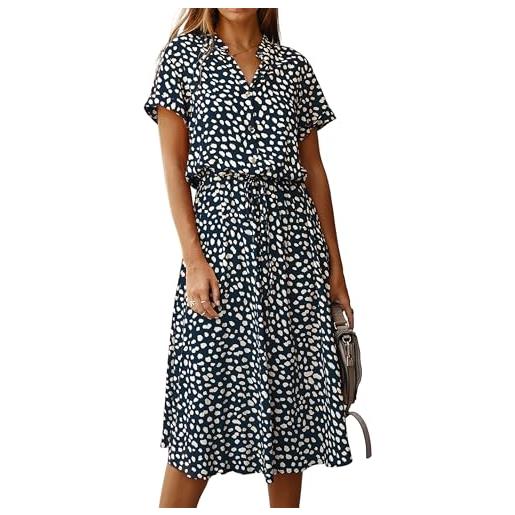 ZICUE donne abito chemisier svasato con volant abbottonatura colletto maniche corte vita alta e cintura da annodare abito midi blu navy xl