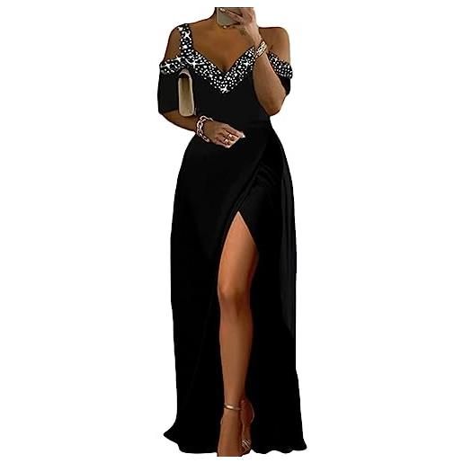 shownicer vestiti da cerimonia donna elegante scollo a v abito maxi lungo a vita alta vestito sexy curvy cocktail abiti in tinta unita vestiti con spacco a1 nero xxl