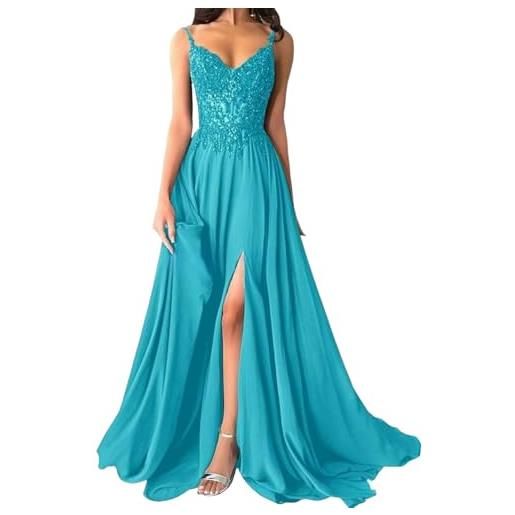 shownicer abito cerimonia donna vestito lunghi eleganti matrimonio abito da sera in chiffon vita alta scollo a v abiti in pizzo vestiti con spacco a blu 34