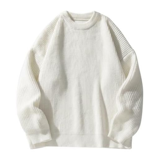 Oanviso maglione girocollo da uomo classico maniche lunghe pullover a maglia vintage tinta unita maglione casual comodo maglione a coste caldo maglioni autunnali e invernali a bianco xl