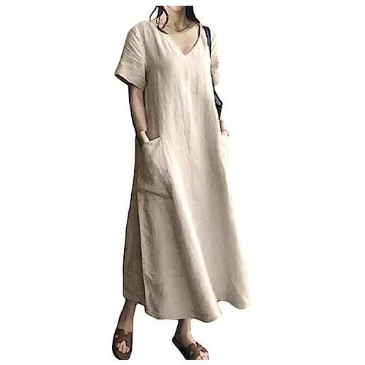 Onsoyours abito lungo estivo da donna in cotone e lino caftano allentato a maniche corte abito casual spiaggia tinta unita scollo v maxi abito largo con tasche vestito da cocktail a beige s