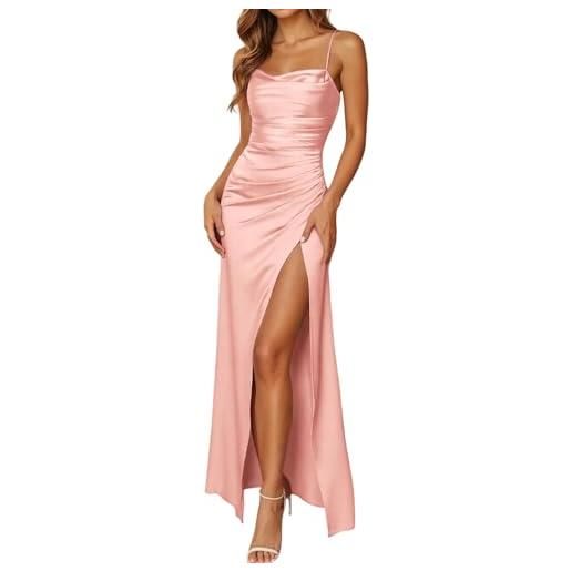 Generico abito da cerimonia donna vestito dresses matrimonio abito da donna in raso con spalline sottili vestiti con spacco elegante sottile vestito festa lungo vestiti partito banchetto (m)
