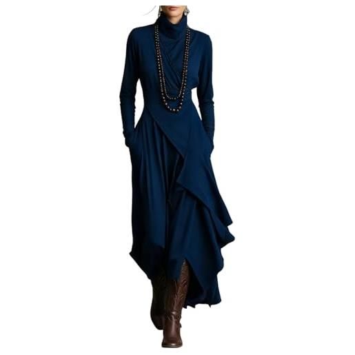 GENERIC vestiti bodycon per donna, abito maxi asimmetrico con scollo a tartaruga in cotone elasticizzato stile bohémien, abito da cocktail lungo a maniche lunghe per l'inverno, blu, l