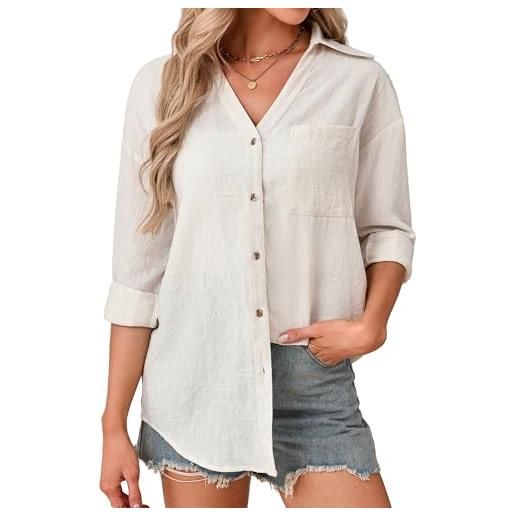 Enmain camicia donna in lino e cotone scollo a v camicie donna manica lunga bluse elegante estiva primaverile taglio regolare per ufficio tempo libero viaggi disponibile in diverse taglie s-3xl