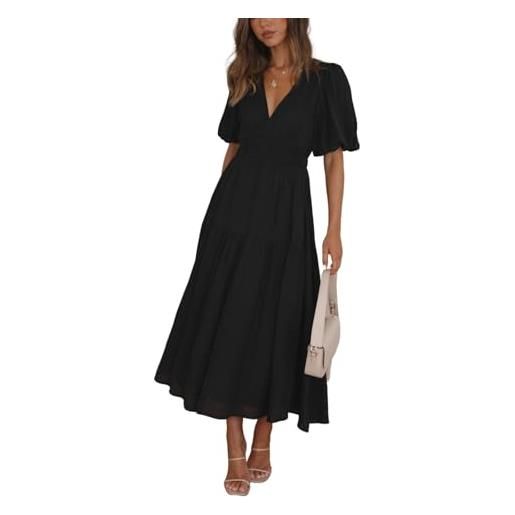 Generic abito longuette da donna con scollo a v, maniche a sbuffo, vita aderente, linea a, abito casual a balze per uso quotidiano