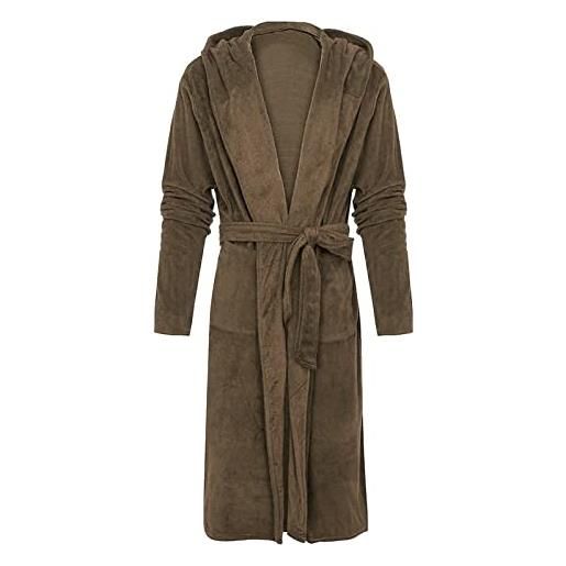 OBiQuzz accappatoio da uomo lungo con cappuccio, in pile morbido, per spa e vacanze, biancheria da notte, marrone, xxxl