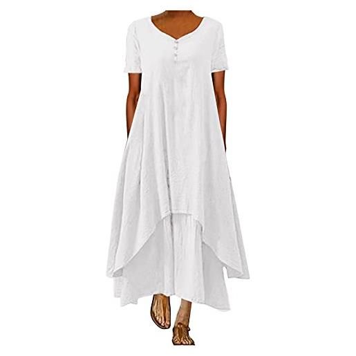Generic vestito in lino casual abito donna elegante long loose short v collo casuale donne solido abito manica irregolare da donna vestito spiaggia spiaggia abiti estivi (white xxxl)