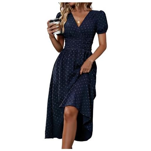 KUNJLELP vestito da donna con scollo a v elegante manica corta plissettato vita alta abito da spiaggia vacanza estivi
