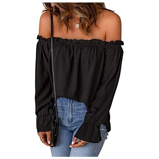 JECTZ maglietta tunica casual estiva con spalle scoperte top con maniche svasate camicia in chiffon sexy con spalle scoperte da donna top con spalle scoperte da donna(black/3xl)
