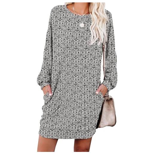 PrinStory - abito da donna in pullover, abito casual con scollo rotondo, in felpa con tasche, l