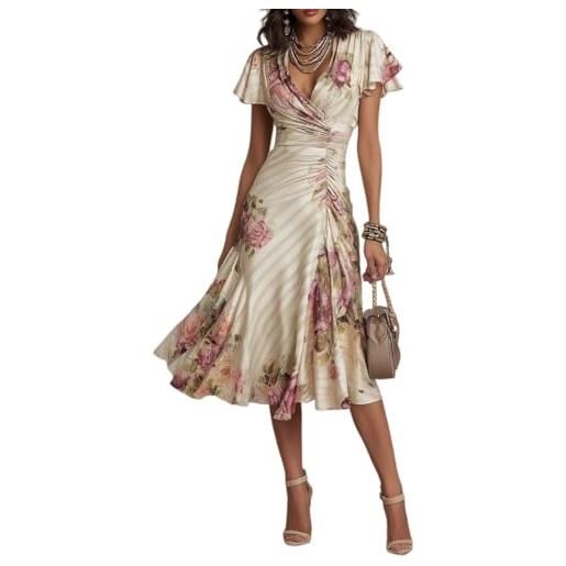 LIUYUYOUGO vestiti estivi donna abito midi floreale in raso per donna abito estivo elegante con maniche a volant e scollo a v profondo abito a portafoglio arricciato color albicocca boho abito a tra