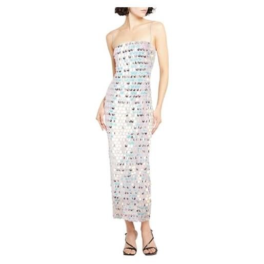Generic abito da sera da donna, estivo, casual, con bretelle, sottile, con paillettes, lungo, per vacanze, spiaggia, vacanze, argento, s