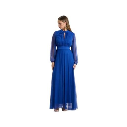 VALORIALUXE abito lungo elegante donna in tulle - collo alto con scollo a goccia, maniche trasparenti, vita segnata - vestito da cerimonia, festa ed eventi (it, testo, l, xl, regular, regular, bluette)