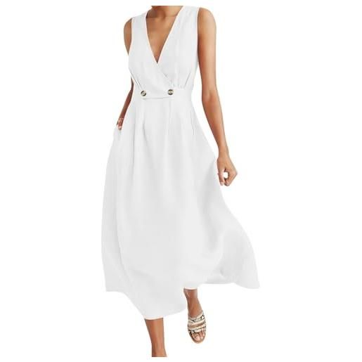 VPQILH vestito donna estivo elegante scollo a v abito lungo senza manica vestiti vita alta vestitini in lino di cotone, leggera e ariosa abiti da vacanze spiaggia