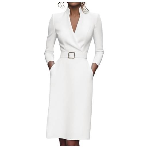 shownicer abito donna scollo a v manica lunga vestito business sera cocktail con tasche e cintura a bianco m