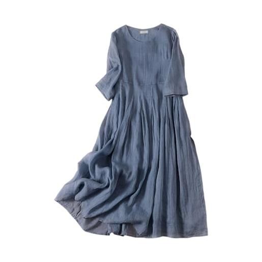 ORANDESIGNE abito lino lungo donna scollo v manica corta abito midi largo leggero estivo vestiti sciolto mare vestito elegante casual tinta unita spiaggia abiti boho vestito lungo b blu s