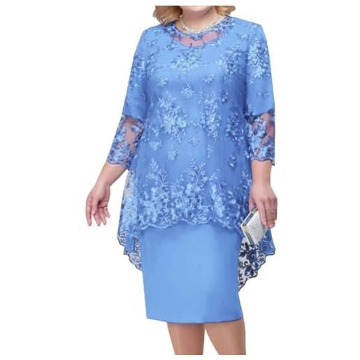 shownicer vestito due pezzi donna elegante ricami pizzo vestiti manica 3/4 taglie forti vestito da sera cerimonia cocktail abiti al ginocchio a azzurro 5xl