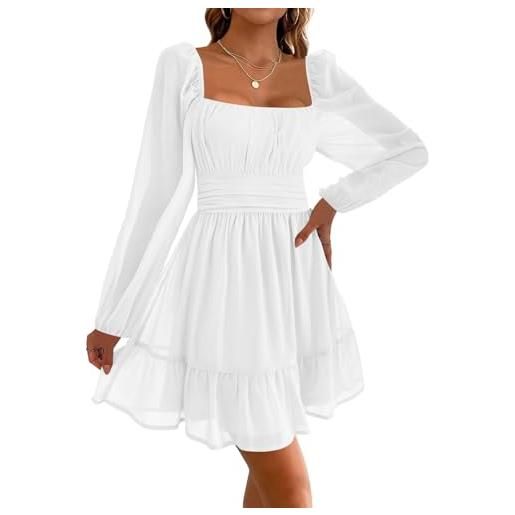 Imily Bela abiti da donna con scollo quadrato, abito da festa in rete, mini abito a vita alta con pieghe, a maniche lunghe, da invitata a nozze con volant, bianco, xl