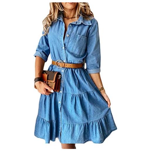 shownicer abito in denim da donna con scollo a v vestito in denim elegante moda blu casual abiti con bottoni a blu xxl