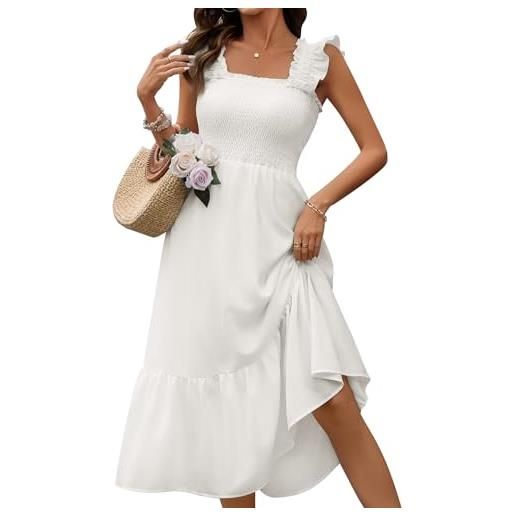 heekpek vestito lungo estivo donna senza maniche collo quadrato abito curvy vita alta leggero abiti plissettato vestito da mare vestiti boho dress, bianco, s