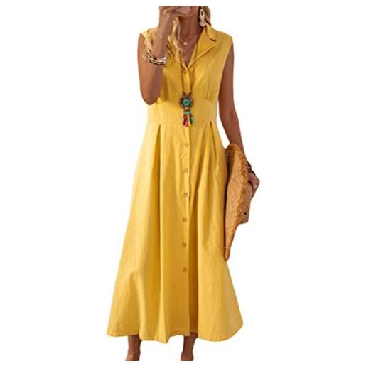 ORANDESIGNE donna vestiti estivi scollo v senza maniche sciolto casual vestito dress in lino vestiti eleganti tinta unita lungo vintage estate vestito c giallo m