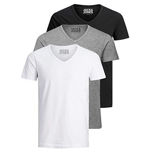 JACK & JONES jack and jones - maglietta da uomo basic con scollo a v, confezione da 3, tinta unita, slim fit, in bianco, nero, blu, grigio, m