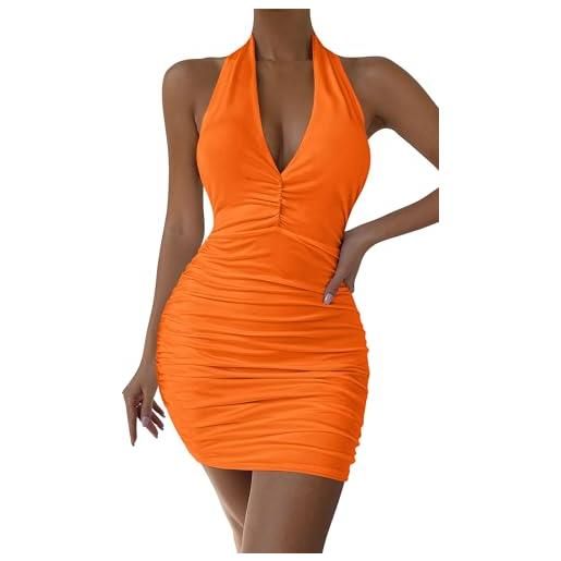 AIEOE mini abito sexy schiena nuda da donna con scollo v all'americana vestito corto pieghe curvy sexy taglia xs arancione 02