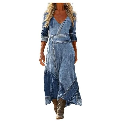 Generico vestito lino donna primavera estate abito lungo boho chic scollo a v manica 3/4 maxi vintage geometrico con tasche casual mare spiaggia vacanza taglie forti comodo elegante 2026