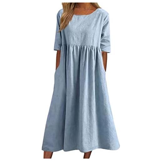 ORANDESIGNE vestiti in lino donna casual colore solido tunica bottone tinta unita eleganti scollo a v manica corta midi abito boho vestito lungo da spiaggia estivi e azzurro 3xl