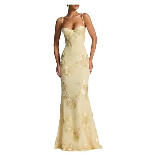 EWYRJYH abito lungo con ricami floreali, cintura in vita lacci sul retro spalline sottili modello lungo fino a terra abito da sera elegante e da banchetto(yellow, s)