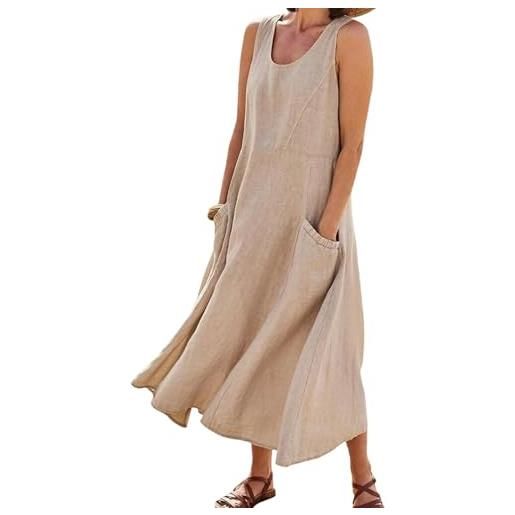Generico abiti estivi da donna 2025, maxi dress senza maniche in cotone e lino, casual largo monocromatico taglie forti con tasche (khaki, m)