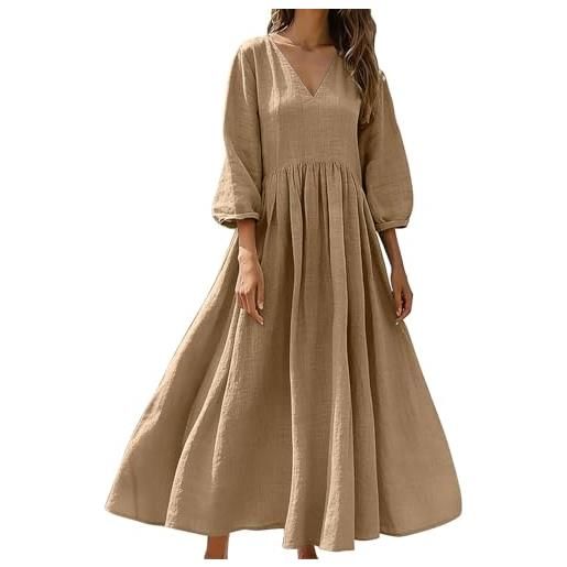Generic abito lungo da donna con scollo a v e maniche a sbuffo a 3/4, vestibilità ampia, casual, misto lino, per tutti i giorni, spiaggia, vacanze