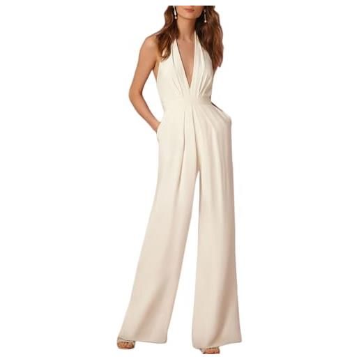 nicticsi hang neck tuta scollo a v sexy tinta unita tuta con pantaloni lungo vestito abito cerimonia da donna elegante casual party b-bianco xl