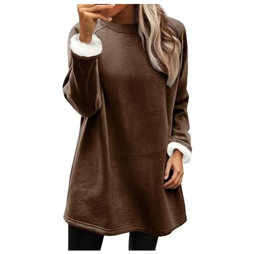 Generico felpa donna foderata in pile senza cappuccio, pullover oversize morbido e caldo per inverno, maglia casual a manica lunga girocollo tinta unita