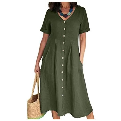 ORANDESIGNE vestiti in lino donna casual colore solido tunica bottone tinta unita eleganti scollo a v manica corta midi abito boho vestito lungo da spiaggia estivi d army green l