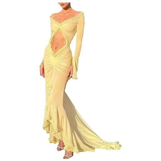 Geagodelia maxi sexy trasparente in tulle abito da spiaggia slim aderente per foto shooting chic alla moda, giallo, l