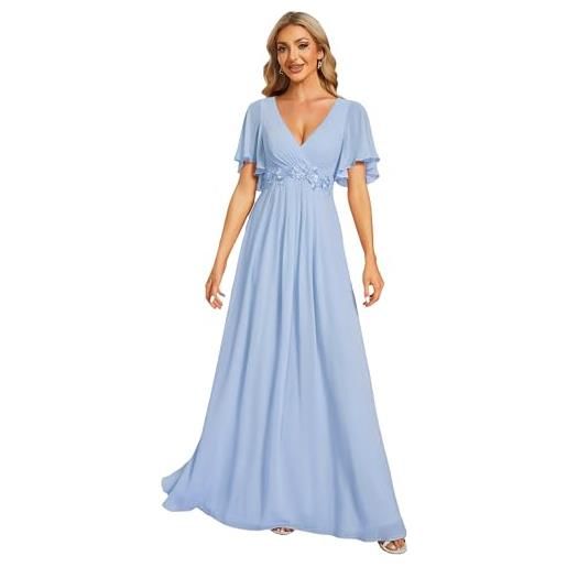 Ever-Pretty vestito donna elegante scollo a v maniche a volant stile lungo abito cerimonia donna ghiaccio blu 54