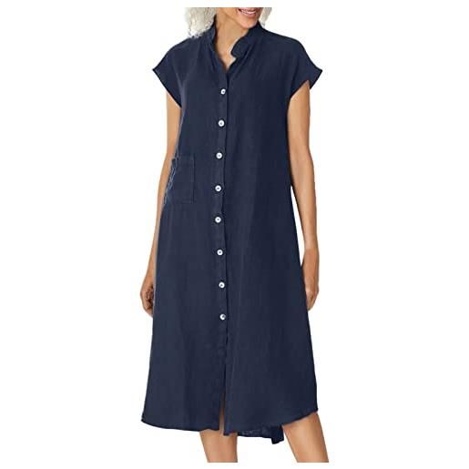 Generic abito midi da donna in cotone e lino, con tasca con bottoni, traspirante, casual, estivo, spiaggia, vacanze, viaggi, uso quotidiano, vestibilità rilassata, morbido effetto lino, stile resort, fine