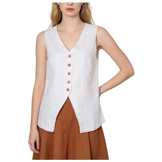 Amazhiyu gilet da donna in puro lino, top estivo senza maniche con bottoni, scollo a v, in lino, bianco, l