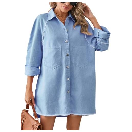 shownicer vestiti in jeans donna manica lunga abito a camicia in denim casual scoll a v bottoni camicia vestito loose denim abito elegante moda mini abito d azzurro xl