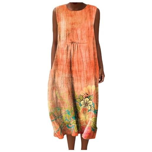 Generico abito estivo donna lungo in lino boho chic vestito senza maniche girocollo con tasche floreale casual per mare spiaggia vacanza comodo taglie forti curvy moda 2026 elegante